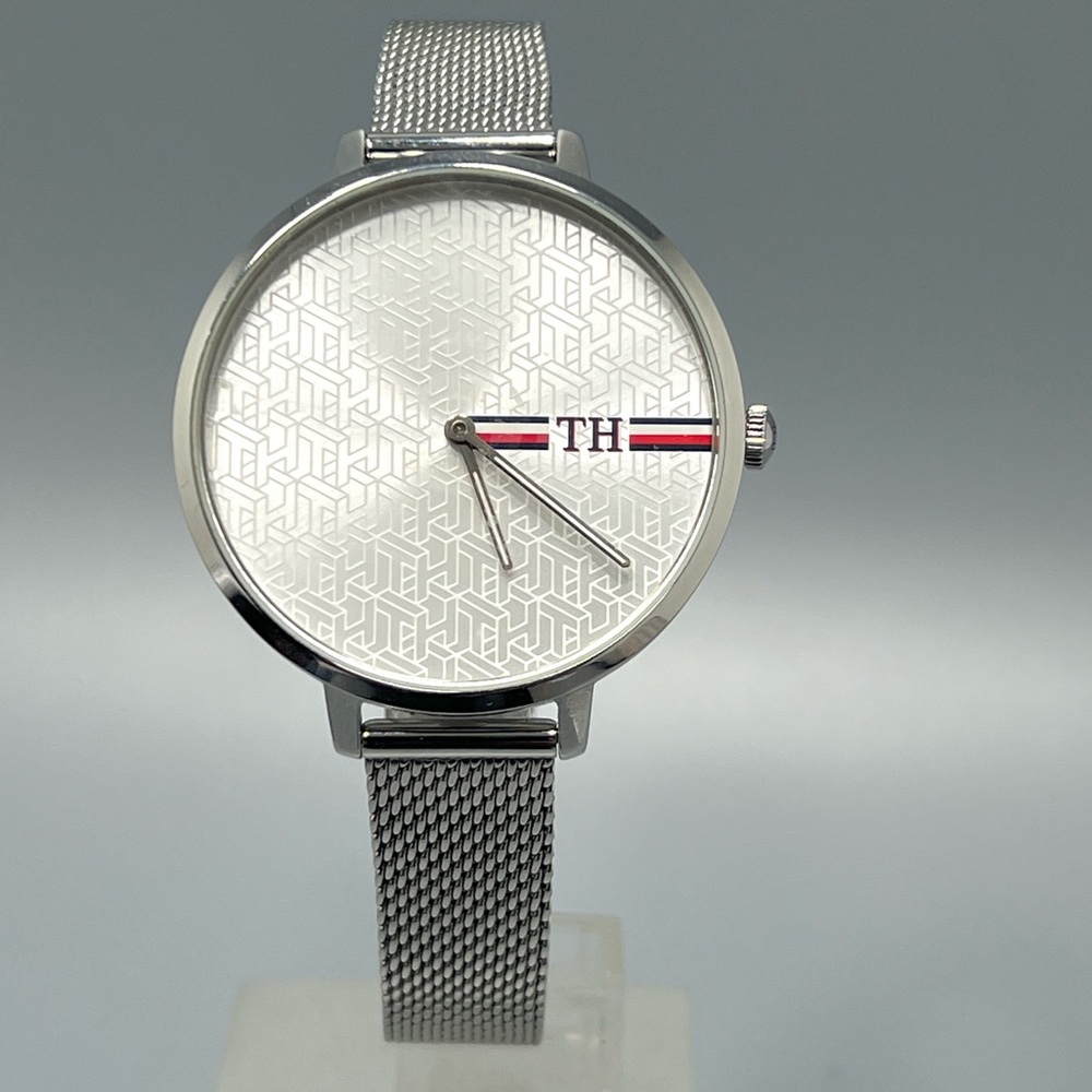Mens Tommy Hilfiger Silver Mesh Strap Quartz Watch with Logo